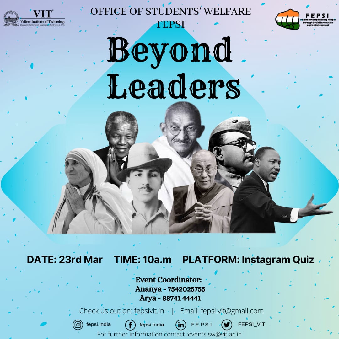 FEPSI_VIT's tweet photo. To commemorate their #sacrifices, #FEPSI-India brings you ‘Beyond Leaders’ - an Instagram quiz on 23-03-2021, to recollect some facts and memories associated to our #brave, eternal #martyrs.
Do visit our Instagram stories! https://t.co/XRaOCxb8ty