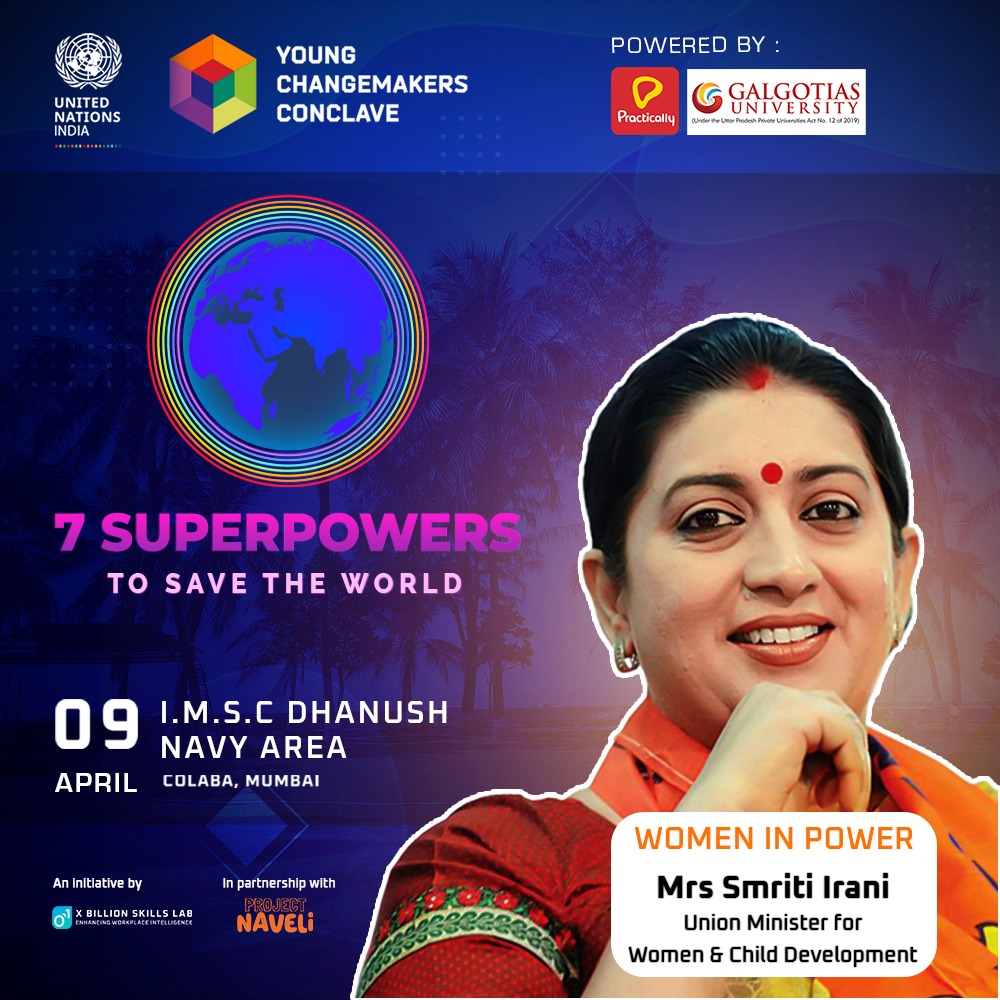 UNIC_YCC's tweet photo. Announcing our first speaker for the 15th U.N Young Changemakers Conclave. Union Cabinet Minister Mrs. Smriti Irani will talk on why the world needs more women in power. 
Apply here to attend for free:
https://t.co/30FgzLU5fQ https://t.co/0hllKjpF8j