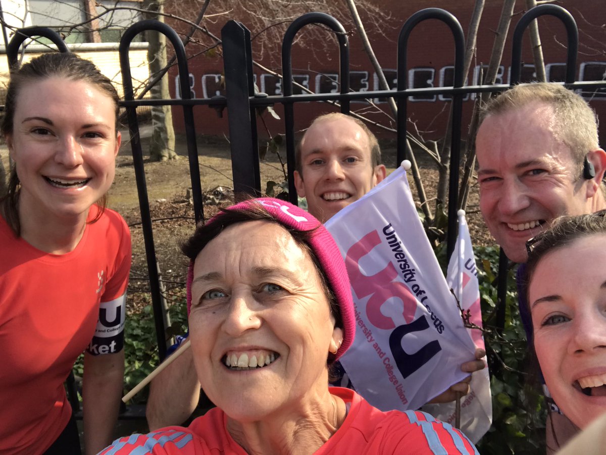 maxclare's tweet photo. Cheeeeeeeeeeeeeeese! Lovely day for it! #runningpicket #UCU #UCUstrikes #FourFights #OneOfUsAllOfUs @leedsucu https://t.co/pHRj8Runin