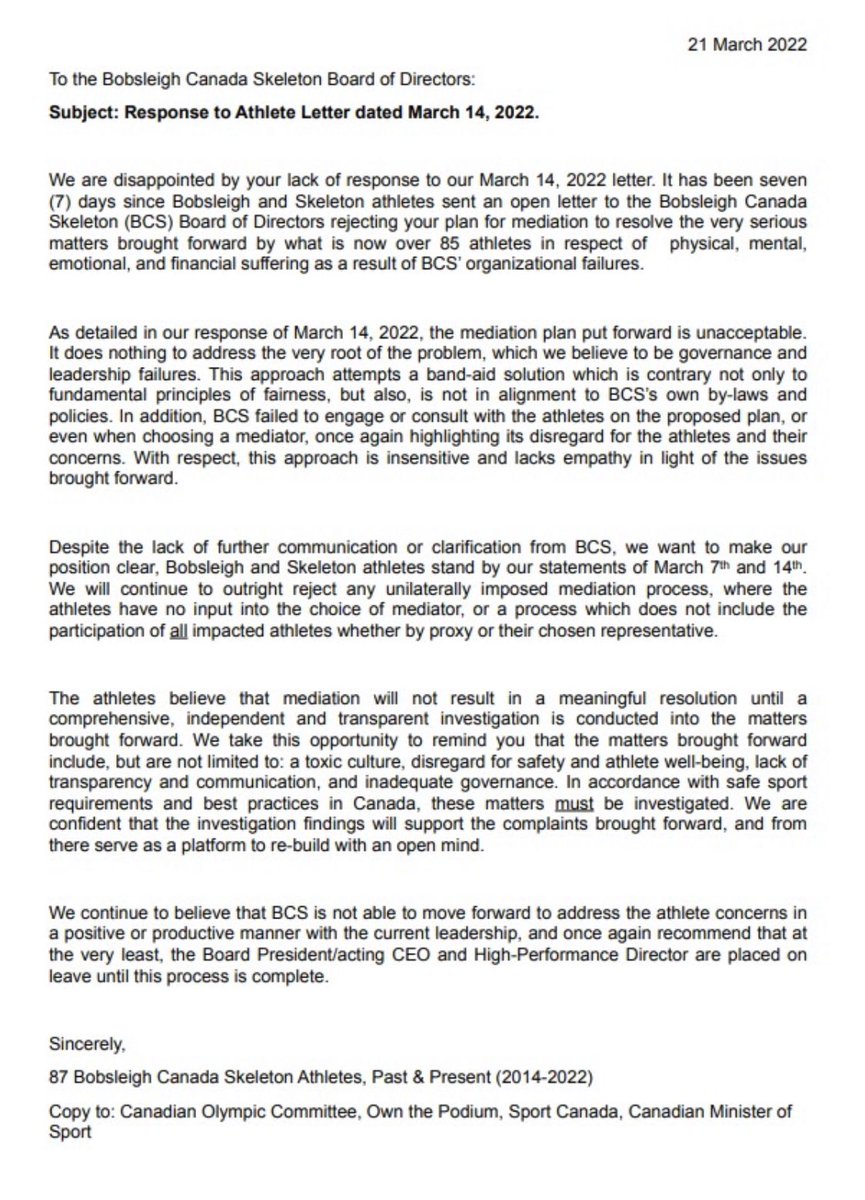How severe does a situation have to be b4 an appropriate response? No to mediation! 80+ athletes have shared stories, expressed serious concerns for Safety, Accountability &amp; Fear of Retaliation since 2014 from Leadership. Be trauma informed and act accordingly.

#pushforchange