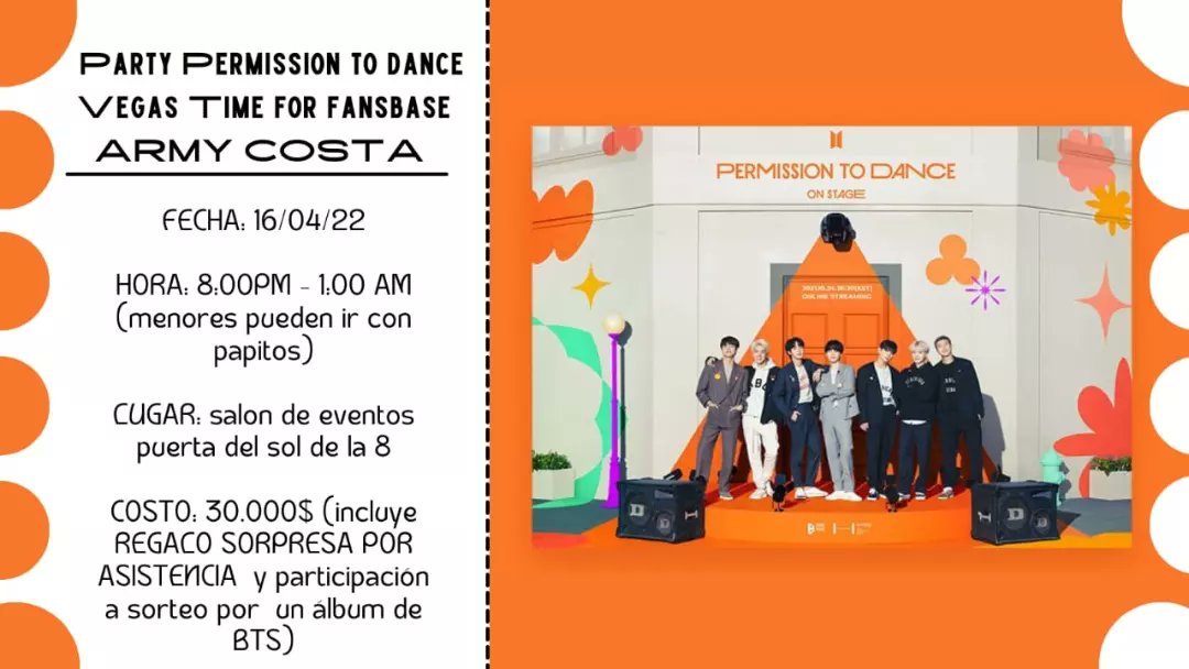 armycostacol's tweet photo. #ARMY  queremos invitarlas a nuestro primer evento kpop con todo el estilo permission to dance, inicio de preventa 23 de marzo, cupos limitados, HABRÁN REGALOS SORPRESAS POR ASISTENCIA, SORTEO A UN ÁLBUM DE BTS Y TRANSMISIÓN EN VIVO DEL CONCIERTO LAS VEGAS DIA  16, TE ESPERAMOS💜 https://t.co/ReGO2R1fh0
