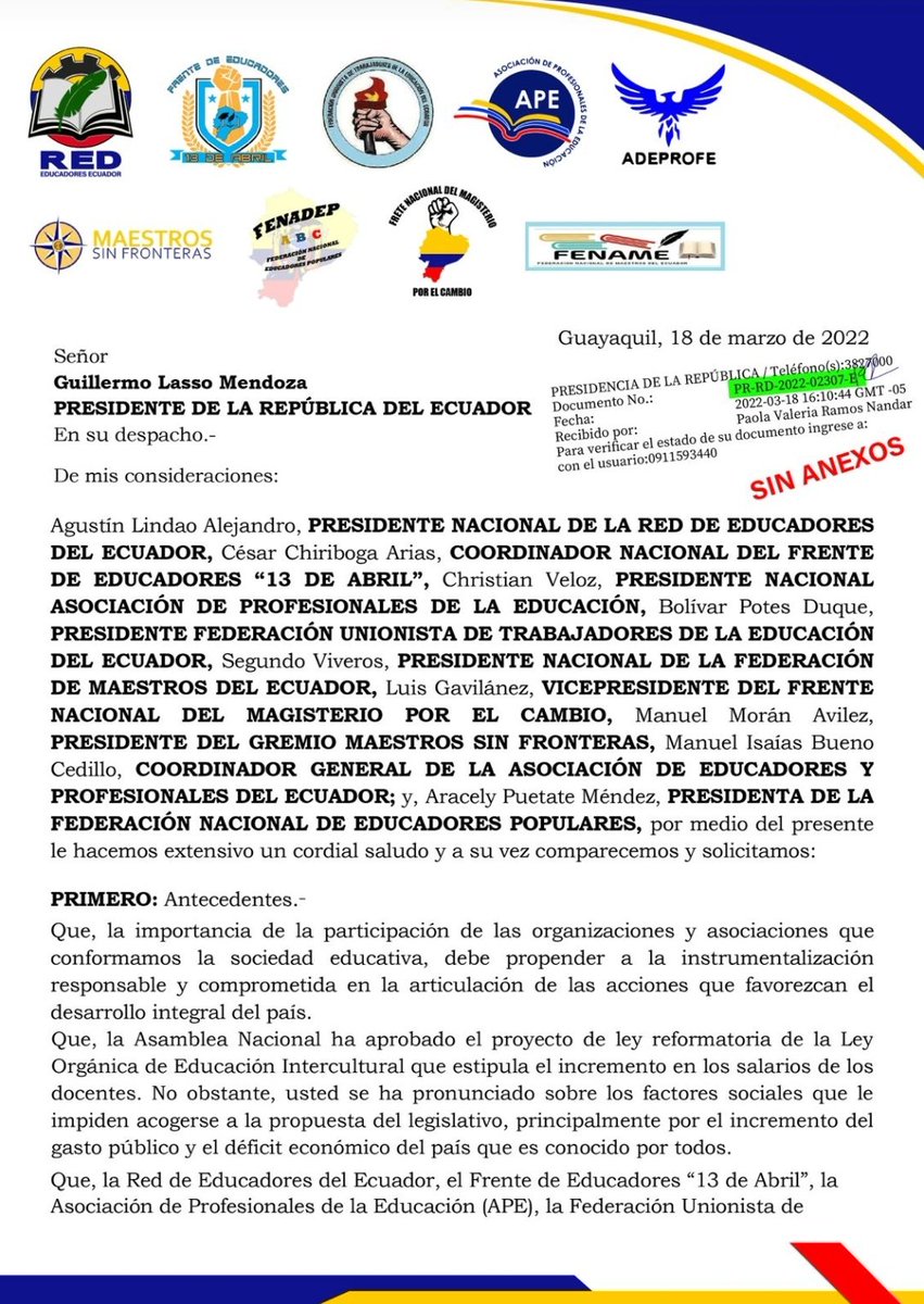 La APE,  con las diferentes organizaciones gremiales a nivel nacional hacemos un llamado a la UNIDAD DEL MAGISTERIO NACIONAL, y así dialogar con el gobierno por la EQUIPARACION SALARIAL DOCENTE <a href="/RedMaestrosZ1/">RED DE EDUCADORES ZONA 1</a> <a href="/FENAMENOROCCID1/">FENAME NACIONAL</a> <a href="/dannyveloz1980/">Christian</a> <a href="/LassoGuillermo/">Guillermo Lasso</a> <a href="/Educacion_Ec/">Ministerio de Educación, Deporte y Cultura</a>