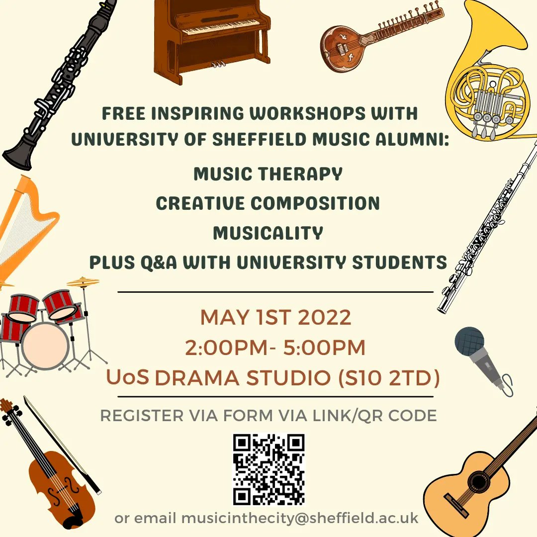 FREE Inspiring music workshops for Y10-Y13.

This event is free and so places are limited and allocated on a first come first served basis.

Sign up via this link ( forms.gle/WqMpEVYTVJu7gi…) or through the QR code! 

Deadline for sign ups is Sunday 10th April.