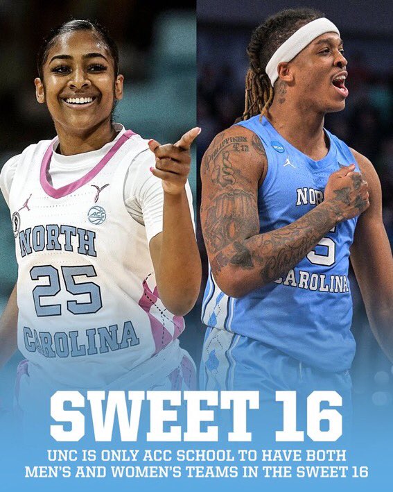#UNC is the only ACC school to have their men’s and women’s basketball teams in #SweetSixteen this isn’t the end of the great hoops in Chapel Hill. Courtney Banghart and Hubert Davis got this… 1 of only 3 in the nation, among likes of (Michigan and Iowa State) 🏀