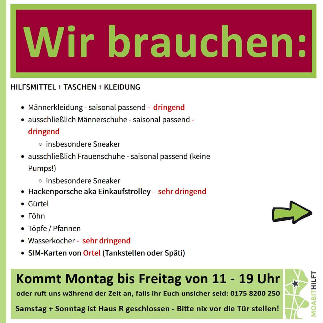 Hier findet ihr die aktuellen Bedarfslisten von <a href="/Moabithilft/">Moabit hilft</a>.

Also im Küchenschrank nachjekieckt oder ab zum Aldi und ne Packung mehr jekooft und danach in die Turmstraße 21 jebracht! Jede Spende hilft.
Danke ❤️