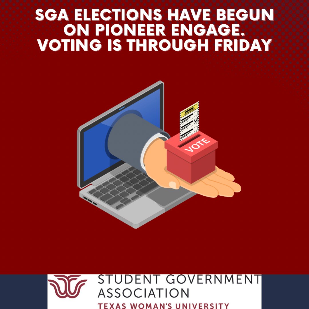 Hello all Pioneers. SGA elections have begun and its time to place your vote. Voting will take place through pioneer engage through Friday and the results are announced next Monday. #twusga