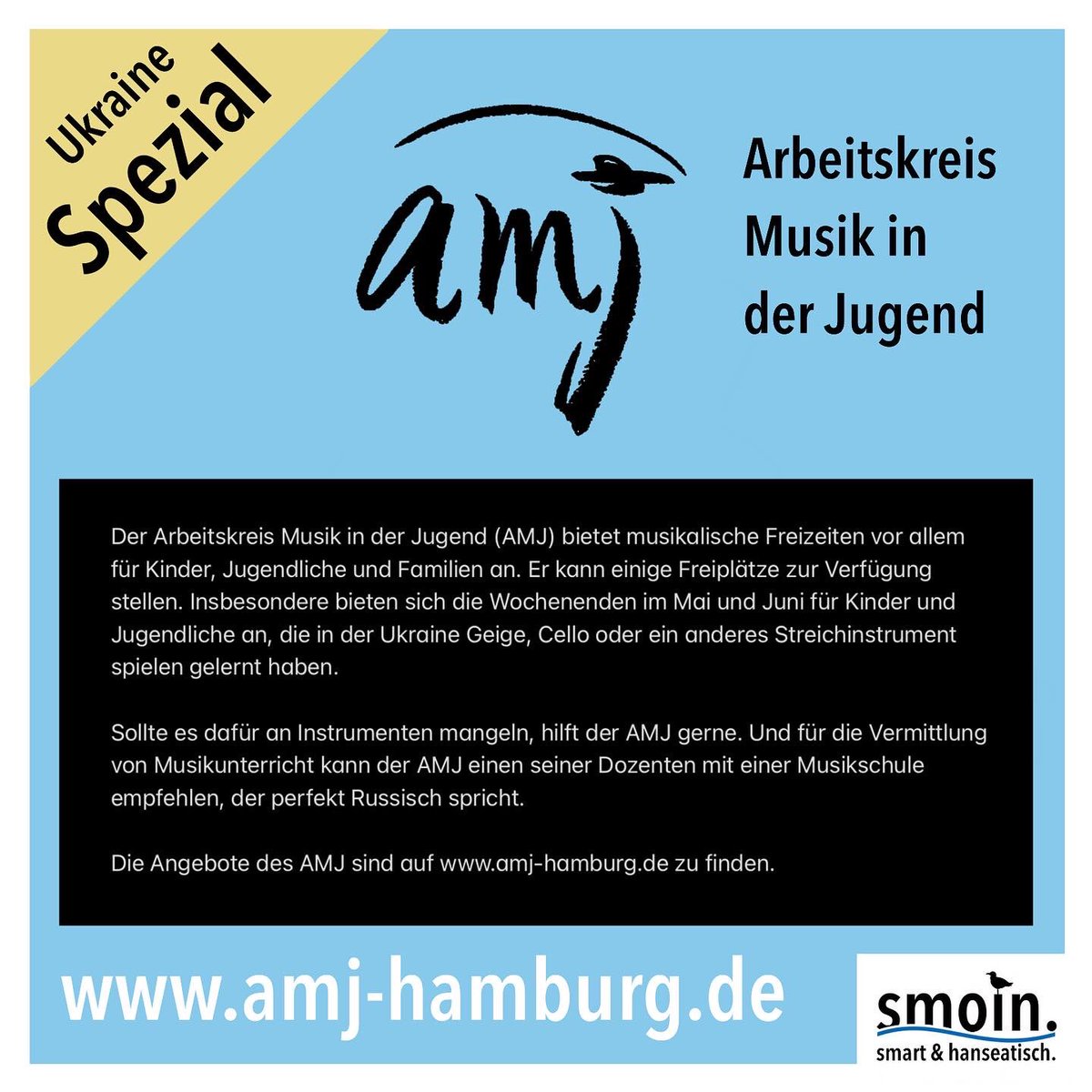 smoinhh's tweet photo. Der Arbeitskreis #Musik in der #Jugend (AMJ) bietet in #Musikfreizeiten freie Plätze für geflüchtete #Kinder und #Jugendliche an und hilft auch bei der #Instrumentenvermittlung.

#Ukraine️ #hamburg #twlz #twitterlehrerzimmer https://t.co/LvMX2mwIhL