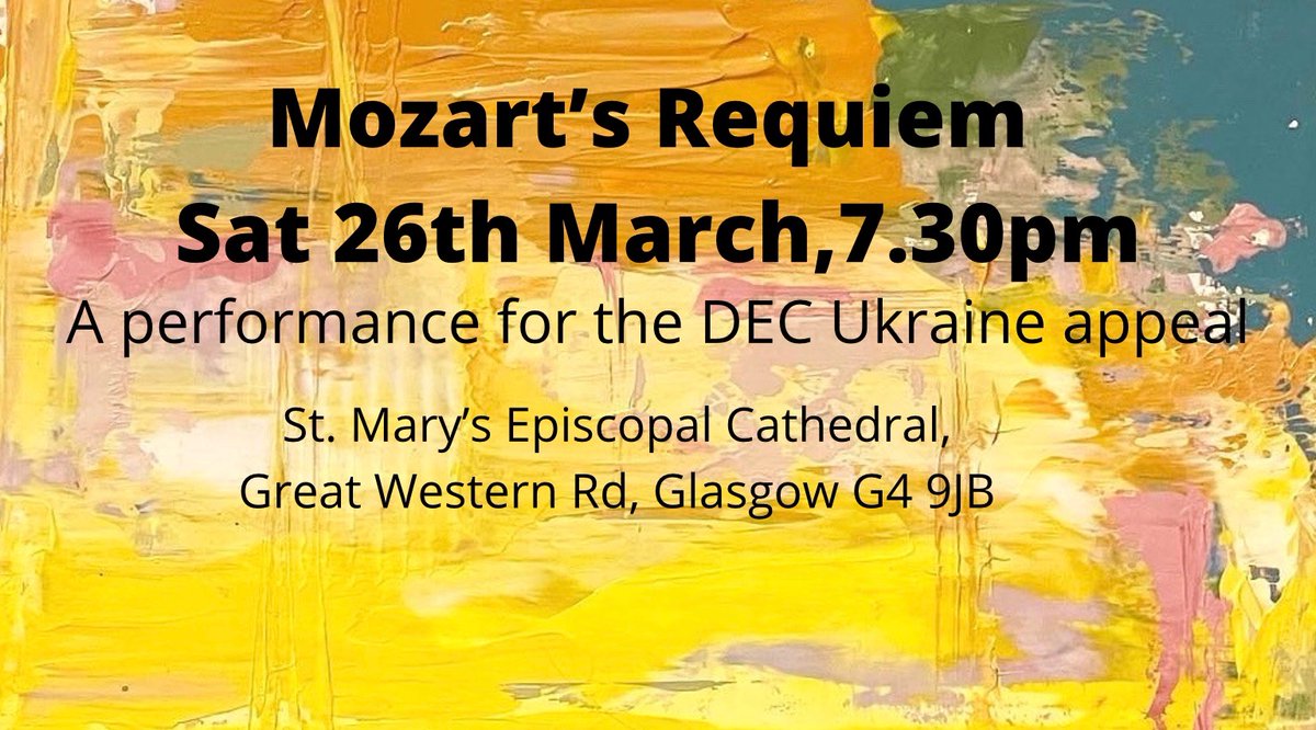 Join us this Saturday at St Mary's <a href="/thecathedral/">St Mary's Glasgow</a> with everyone giving freely of their time/venue  to raise funds for <a href="/RedCrossUkraine/">Ukrainian Red Cross</a> - soloists @CJHewey <a href="/SionedGwen/">Sioned Gwen Davies</a> <a href="/JamieTenor/">Jamie MacDougall</a> <a href="/molloyjohn/">𝗝𝗼𝗵𝗻 𝗠𝗼𝗹𝗹𝗼𝘆</a> <a href="/ScottishOpera/">Scottish Opera</a> players and singers, @RCStweet singers. Event link: fb.me/e/17skdAchS