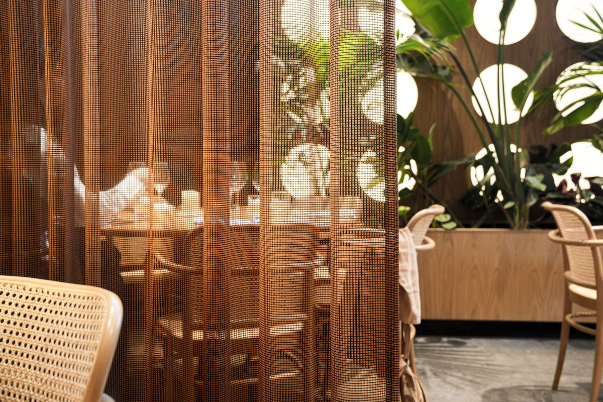Vescom's tweet photo. Introducing: transparent curtain fabrics Teon and Nias. Both fabrics are studies in openness and airiness. They provide privacy and connection through subtle, floor-to-ceiling borders that maintain sightlines while balancing light levels. Learn more:   
https://t.co/sglIKdEeCu https://t.co/2KtLAKb2CJ