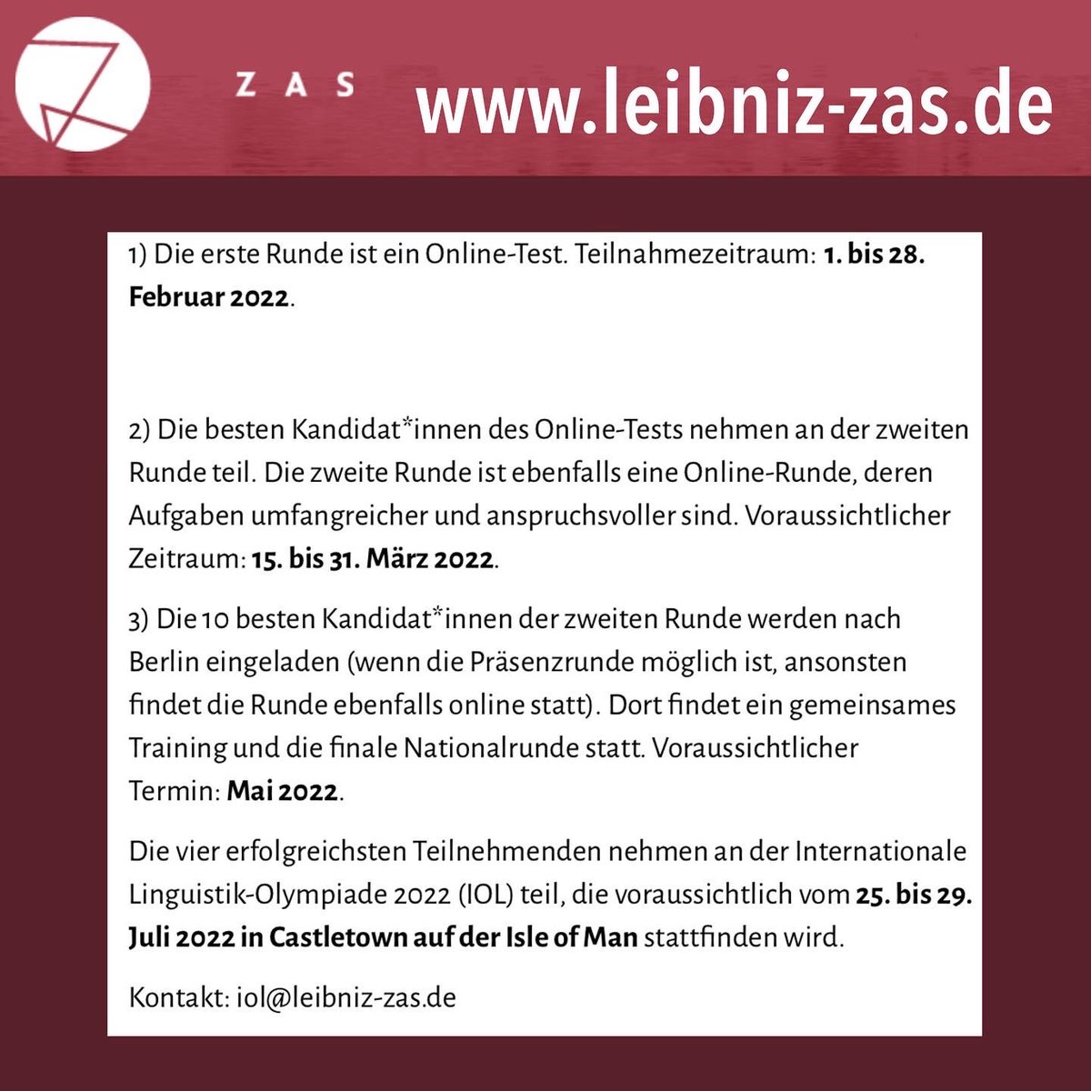 Jetzt informieren und noch bis Ende März zur #Linguistik-#Olympide anmelden! Infos: leibniz-zas.de

#hamburg #linguistikolympiade #twlz #twitterlehrerzimmer
