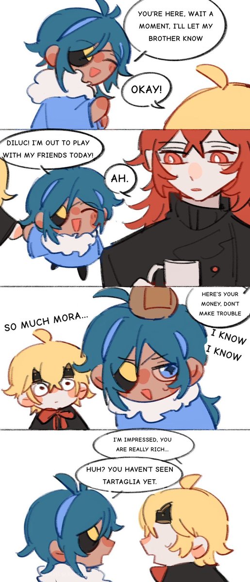 kaeyaliIies's tweet photo. authorized translation/with permission!!

thoma kaeya and childe as besties🥺everyone is getting their money from their masters, but childe is just built different😂

original artist: Morocco

#ayathoma #luckae #zhongchi #若トマ　#ディルガイ #鐘タル https://t.co/7IwOQmm0PA