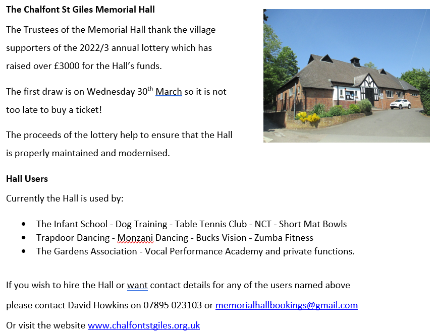 A message from the Memorial Hall Trustees.

There's still time to buy your lottery tickets to support the upkeep of this historic hall! Pick up an application form from <a href="/CSG_Library/">CSG Library</a> or download it online here - csgmemorialhall.org.uk