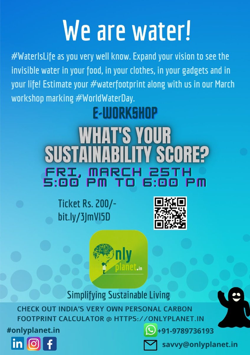 onlyplanetin's tweet photo. #WaterIsLife
Expand ur vision to see invisible water in ur food, clothes, gadgets &amp; life! Estimate ur #waterfootprint along with us in our March workshop marking #WorldWaterDay.
e-workshop #WhatIsMySustainabilityScore
Fri, Mar 25 2022 5-6pm
Ticket Rs.200/-
https://t.co/RkDIweEw7h https://t.co/OBvOS3zNvx