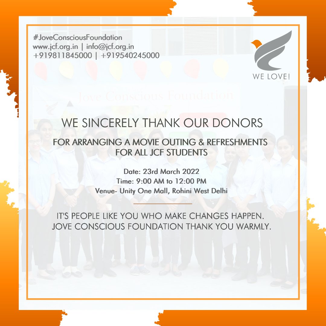JoveConscious's tweet photo. JCF is not just a foundation that works relentlessly for women, but it's an energy that stays alive in those who really wants the condition of women to change for the better.
Our Donor, We thank you warmly.
#movieouting #thankyoudonors #gratitudepost #charity #womenngo https://t.co/tgOoFwTjt9