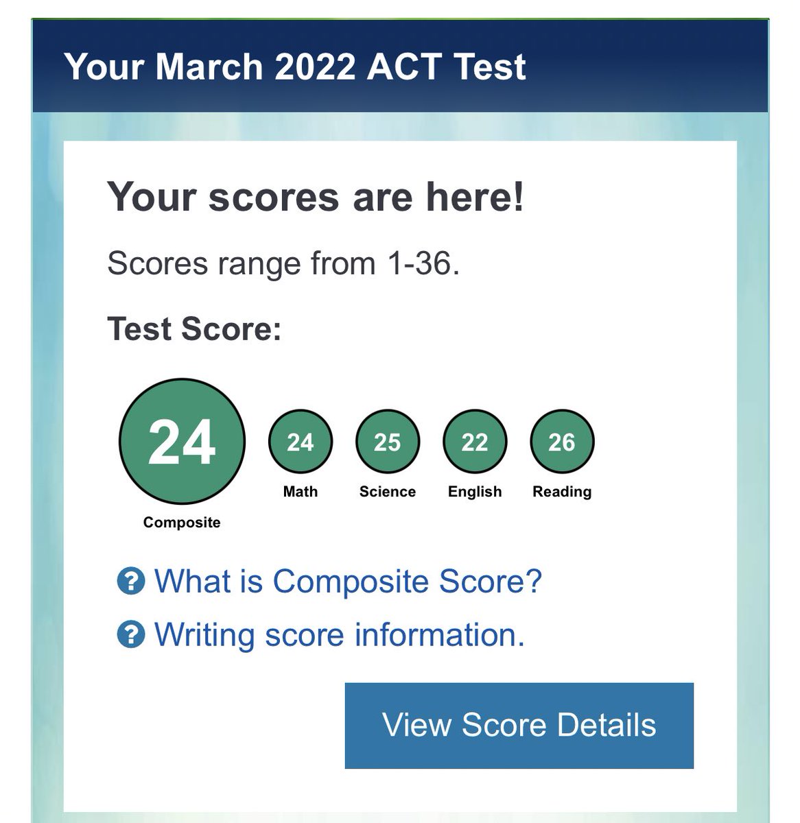 nehemiah_storey's tweet photo. First ACT score! Going to be much higher in the summer when I retake it. Aiming for a 30+! @CSmithScout #css #cssfamily https://t.co/NSdvPA8M5s