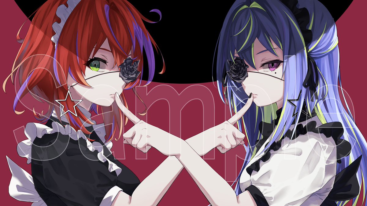 multiple girls 2girls eyepatch purple eyes maid green eyes long hair  illustration images