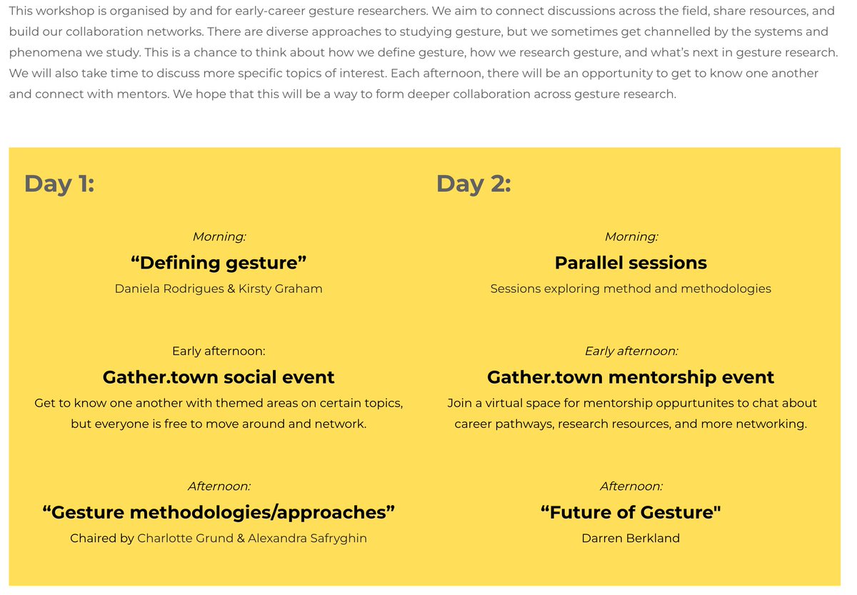 Are you an Early Career Researcher interested in gesture/multimodal communication? 
Then join us for this awesome 2-day FREE online workshop, 7-8 April. 🙌🤟🙉
More info and registration at: ecrgestureworkshop.weebly.com
Pls RT and share with your students/postdocs.