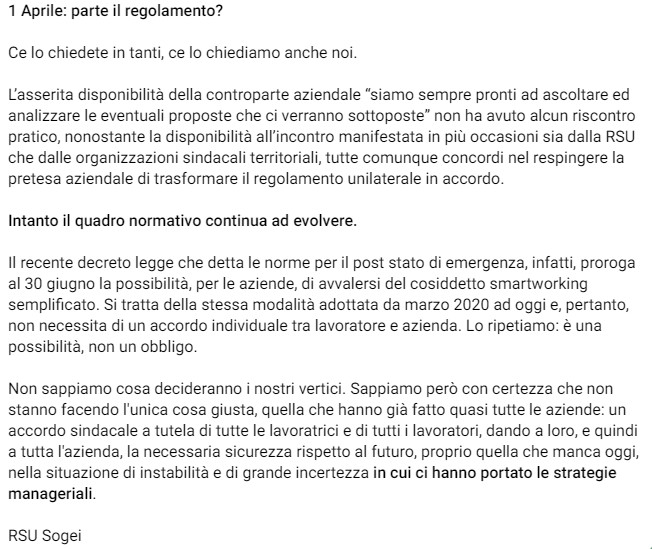 RsuSOGEI's tweet photo. Ma allora dal 1 aprile parte o no questo regolamento aziendale (unilaterale) sul lavoro agile? #smarworking #protocollo #RSU #SOGEI @SmartWorkersUn1 @AndreaOrlandosp @Unindustria https://t.co/FsvZiASf8U
