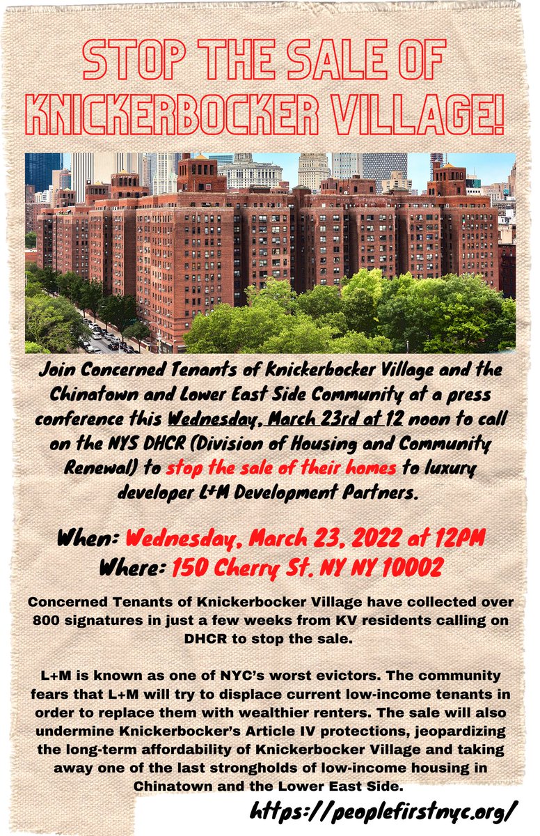 The Concerned Tenants of Knickerbocker Village are having a press conference this Wednesday (3/23) at 12pm on the corner of Market Slip and Cherry St.