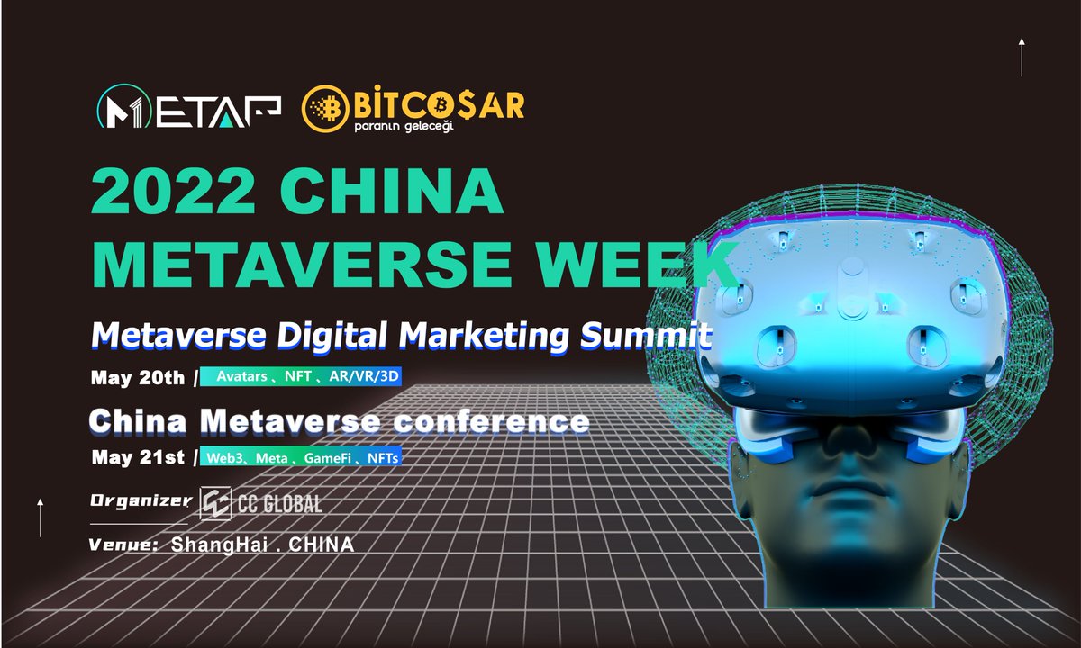 CCGlobal_China's tweet photo. Thanks to BİTCOŞAR  @bitcosar as the Conference Partners joins in China Metaverse Week 2022. (May 20-21| Shanghai，Hybrid (In Person+Online))

Join the conference as the audience please click the registration link：https://t.co/cJTihBW616 https://t.co/YAslMrpbc8