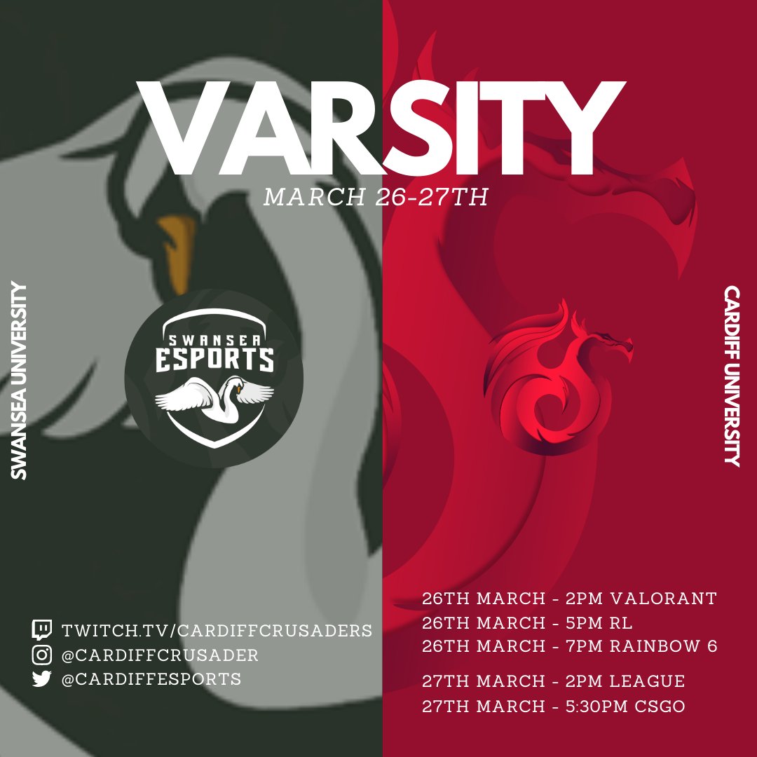 CardiffEsports's tweet image. Only 4 days left till our Varsity with @SwanseaGG !! Tune in from 2pm on the 26th and 27th to see our best teams going head-to-head!!!

@Cardiffunitv @redbullgaming