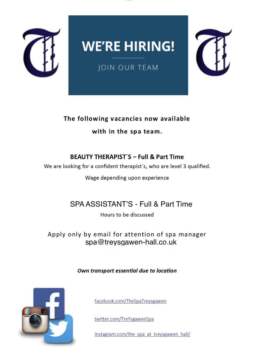 🥳🥳🥳NEW JOB OPPORTUNITIES 🥳🥳🥳

Think you have what it takes? All the details are below, spa therapists &amp; spa assistants

We will only accept applications by email. Good luck! 
#job #Anglesey #treysgawenhall #spa