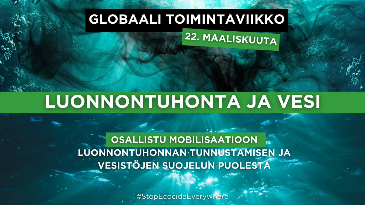 Vesi tekee elämästämme mahdollista. Tulkaa suojelemaan jokia, järviä, valtameriä ja puhtaan veden lähteitä, vaatimalla luonnontuhonnan tunnustamista. stopecocide.earth/act-now  

#WorldWaterDay2022  #saimaailmankaivoksia #vesistö #ecocidelaw #luonnontuhonta  #stopecocideeverywhere