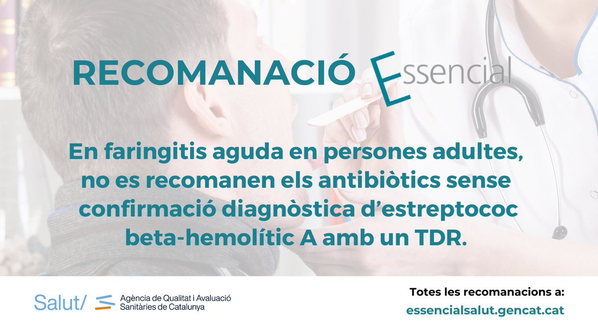 <a href="/AQuAScat/">AQuAS</a> ha actualitzat la recomanació #EssencialSalut sobre antibiòtics en faringoamigdalitis en persones adultes: abans de donar antibiòtics cal test d’estreprococ  🧪

👉 bit.ly/3N8Ip5H

🔗bit.ly/3L32jgD
