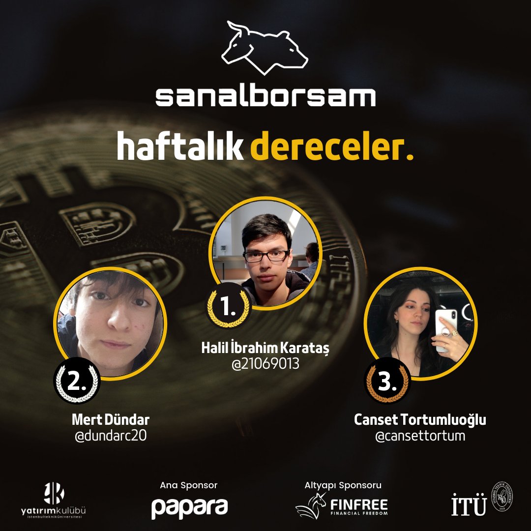 SanalBorsam Kripto Para Yarışması'nda birinci hafta bitti. Dereceye giren yarışmacılarımızı tebrik ederiz🏆(Yarışmamızın kayıt süreci devam ediyor!)

Kayıt Linki: finfree.page.link/yt8XizSArogSN3…

Nasıl Kayıt Olunur: sanalborsam.org/7751-2/

#sanalborsam #yatirimkulubu #itü #yatırım