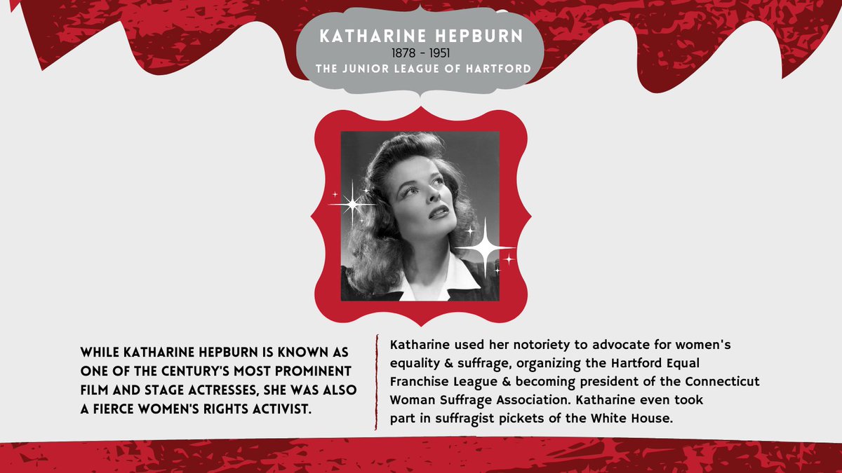 Katharine Hepburn is one of the century's most prominent film &amp; stage actresses. But did you know that she was also a fierce women's rights activist &amp; a Junior League of Hartford member? So proud that this strong woman is an alumna!

#WomensHistoryMonth #JuniorLeague #JLHartford