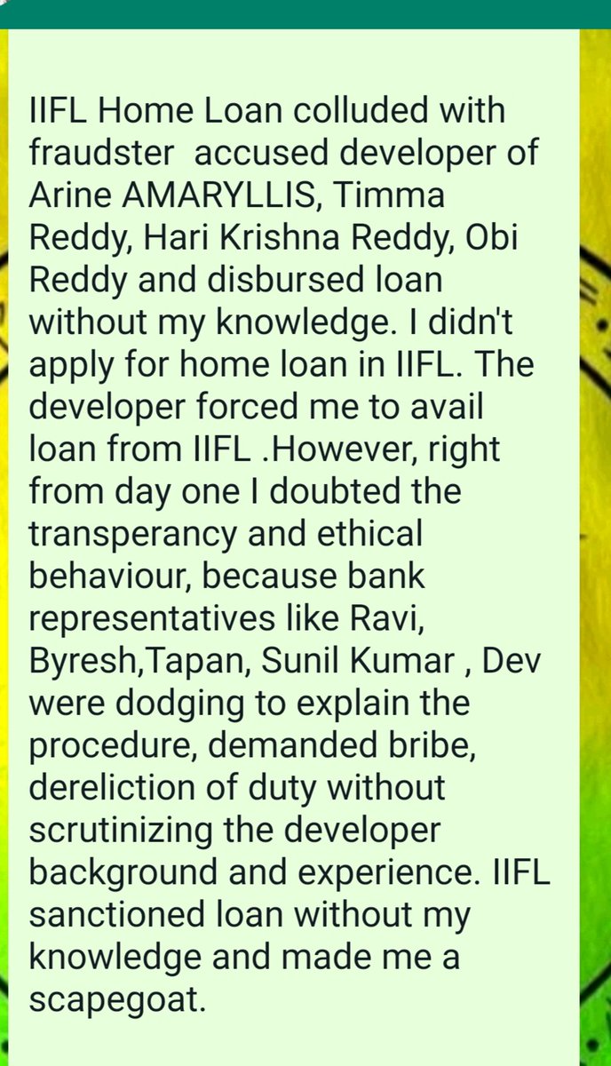 Saraswa12942014's tweet photo. #IIFl home loan
#CJIRamana
# Kamal pant  commissioner
#BBMP

IIFL bank colluded with fraudster developer ARINE AMARYLLIS cheated me disbursed home loan 35 lakhs though I objected,I'm paying pay EMI 34 k, almost 4yrs, i demand criminal action on IIFL bank,&amp; justice.PEOPLE BEWARE. https://t.co/nPHdnFrhmw