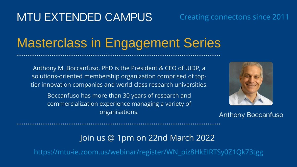 extendedcampus's tweet photo. Get ready!
The second MASTERCLASS IN ENGAGEMENT SERIES webinar is just one hour away!
Start-time: 13:00 π
Register for the webinar here: https://t.co/27a4kQduNg
#MTUMasterclass
#SucceedingTogether
@MTU_ie https://t.co/iy8mxXYuoS