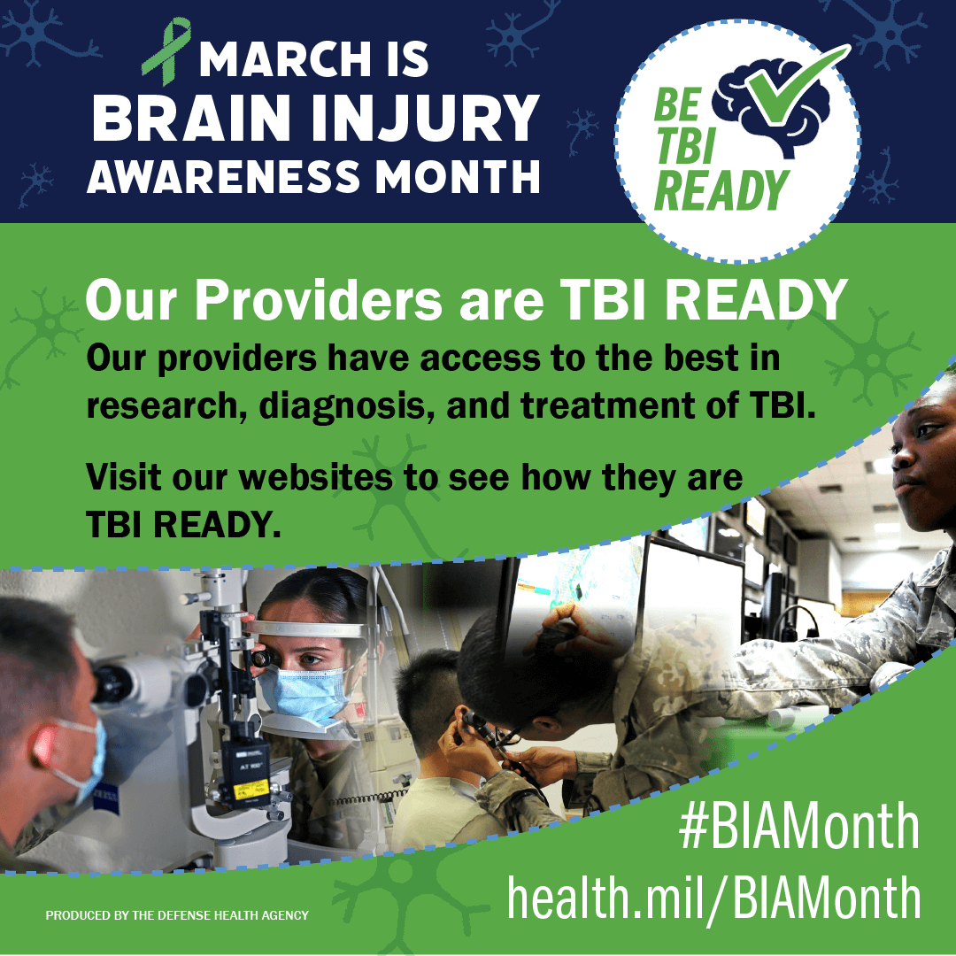 MilitaryHealth's tweet photo. Providers: Stay up-to-date on the latest evidence-based clinical guidance and training, so you are always #TBIReady.  

Visit: https://t.co/vPLQ1VdVoI and https://t.co/1TilENY8WS for resources and more. 
#BIAMonth #BeTBIReady https://t.co/AlY8EaqVWZ
