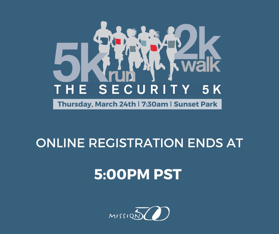 Mission_500's tweet image. Today is the LAST day for #Security5k ONLINE registration! Beat the rush and register before 5:00PM PST today! Can’t register in time? Stop by #Mission500 Booth 25057 tomorrow and register in person. For online registration, please visit security5kreg.com. #ISCWest