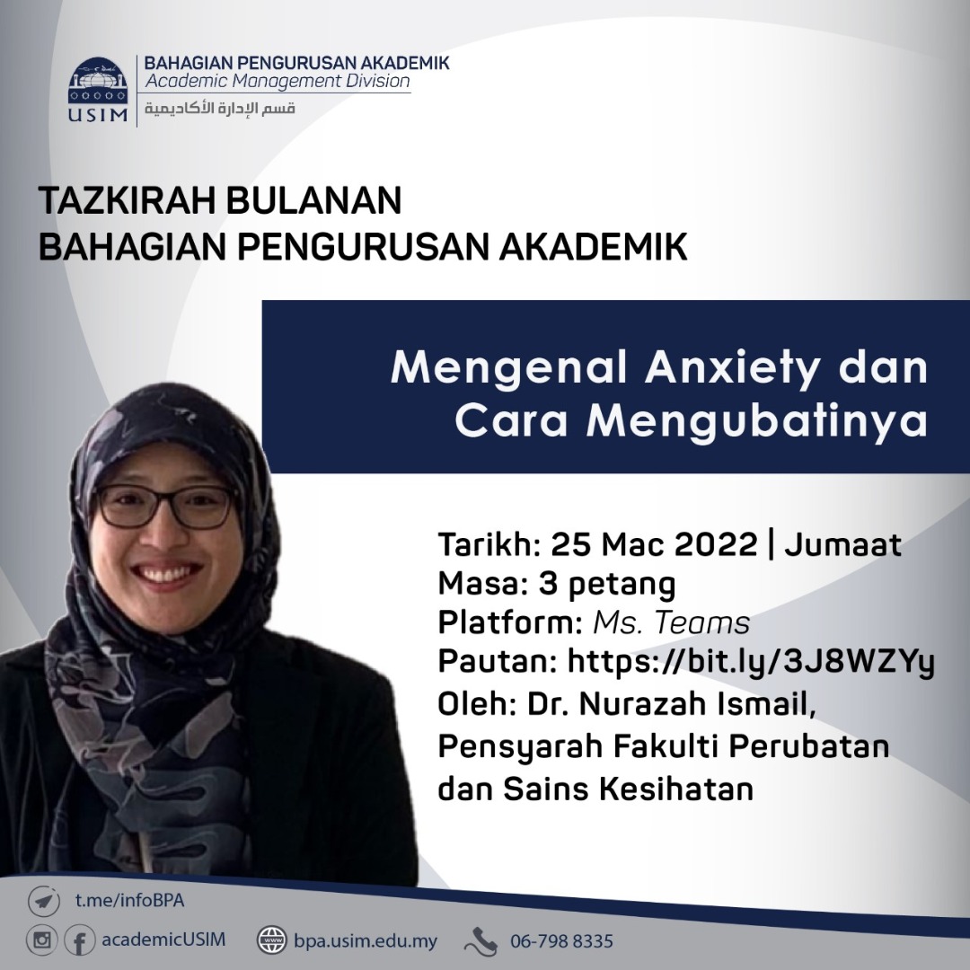 Apa itu Anxiety..? Adakah ada cara merawatnya..? Semuanya akan terjawab pada 25 Mac 2022, Jumaat 3 petang.
Jom saksikannya di pautan berikut :  bit.ly/3J8WZYy
