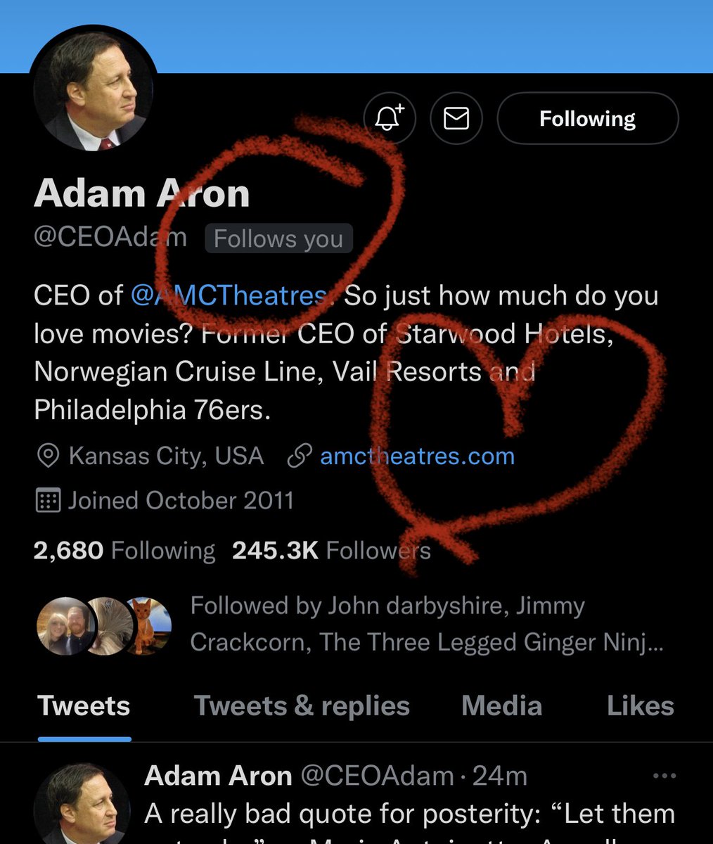 WallStreetApes's tweet photo. Okay one last post because my life is now complete (minus the $AMC squeeze). Finally followed by the greatest CEO in history, the silverback @CEOAdam!! THANKS, YOU ARE THE BEST & WE TRUST YOU!! β€οΈβ€οΈ #AMC #AMCPromise #HaHa https://t.co/D0n37GzA90