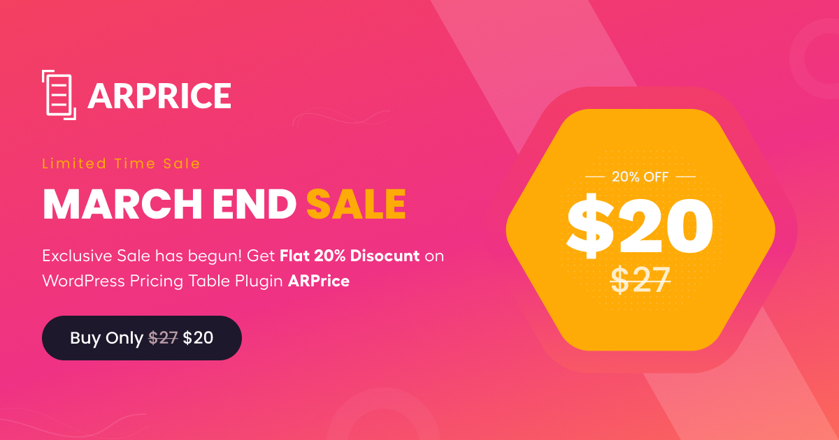 🔥March Sale 2022 is Here!🔥

🙌 Enjoy 20% Discount💥 on ARPrice WordPress Pricing Table Plugin. Get it Fast! Limited Time Offer! Sale Ends Soon!

👉👉Buy ARPrice Now: arpriceplugin.com

#sale2022 #arprice #WordPressPricingtableplugin #wordpressplugin