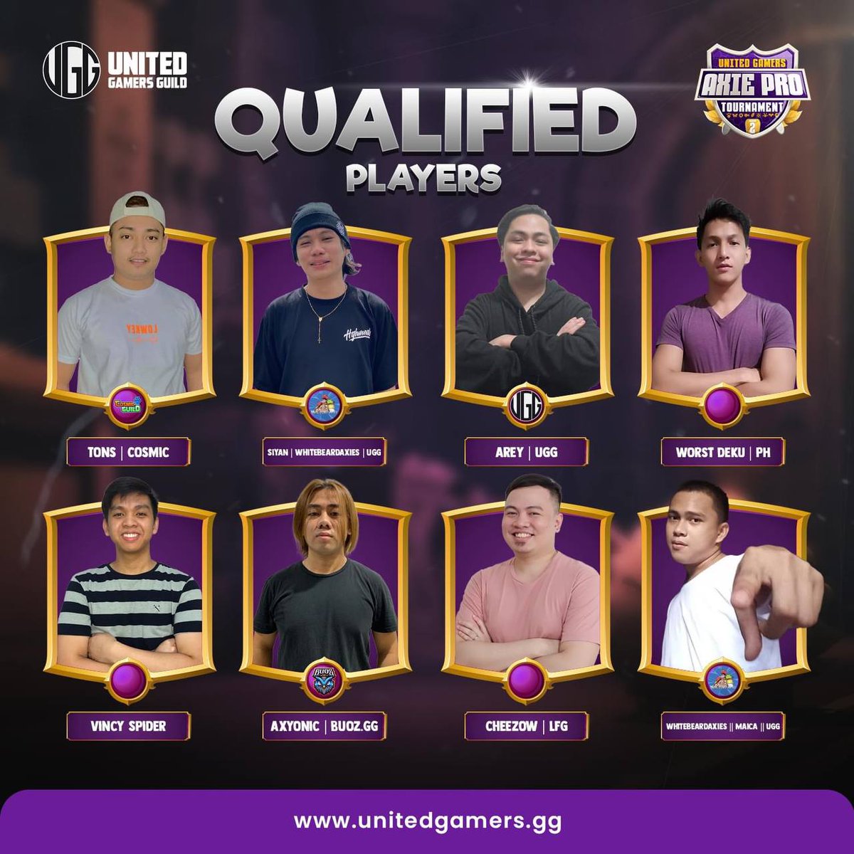 Top 32 Qualified Players for @UGGnetwork Axie Pro Tournament S2!

Among these 32 Players, who do you think will be taking the winner's place?

Shino and Tons from #CosmicGuild 🚀🔥
Bring the Trophy back home!!!