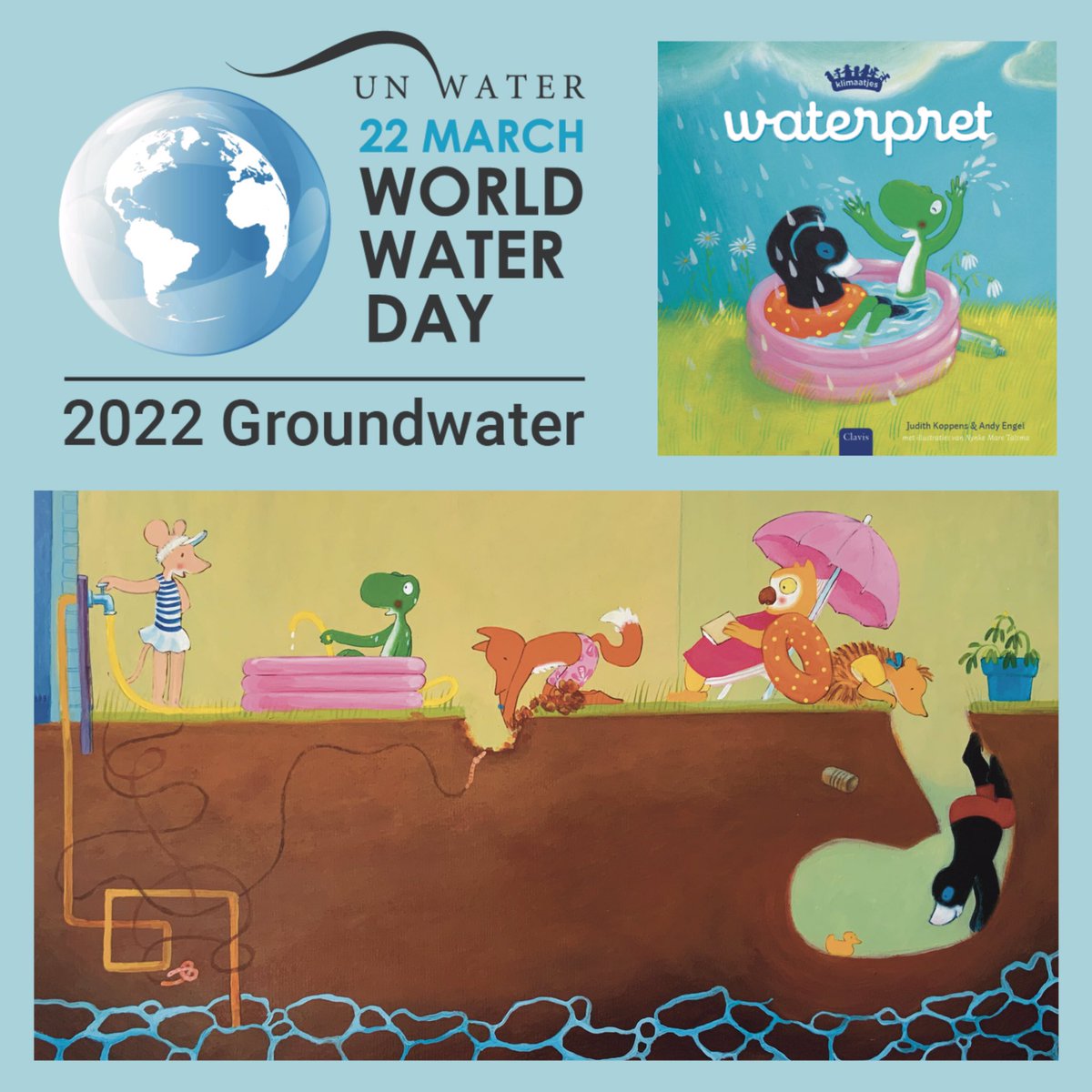 Vandaag, op #wereldwaterdag, vragen de Verenigde Naties extra aandacht voor #grondwater. En krijgen jullie als cadeautje een sneak van #Waterpret, een spikspetter nieuwe Klimaatjestitel! 😁 Deze zomer in uw boekhandel! #iedereenklimaatje #gigagroen #zelfaandeslag #worldwaterday