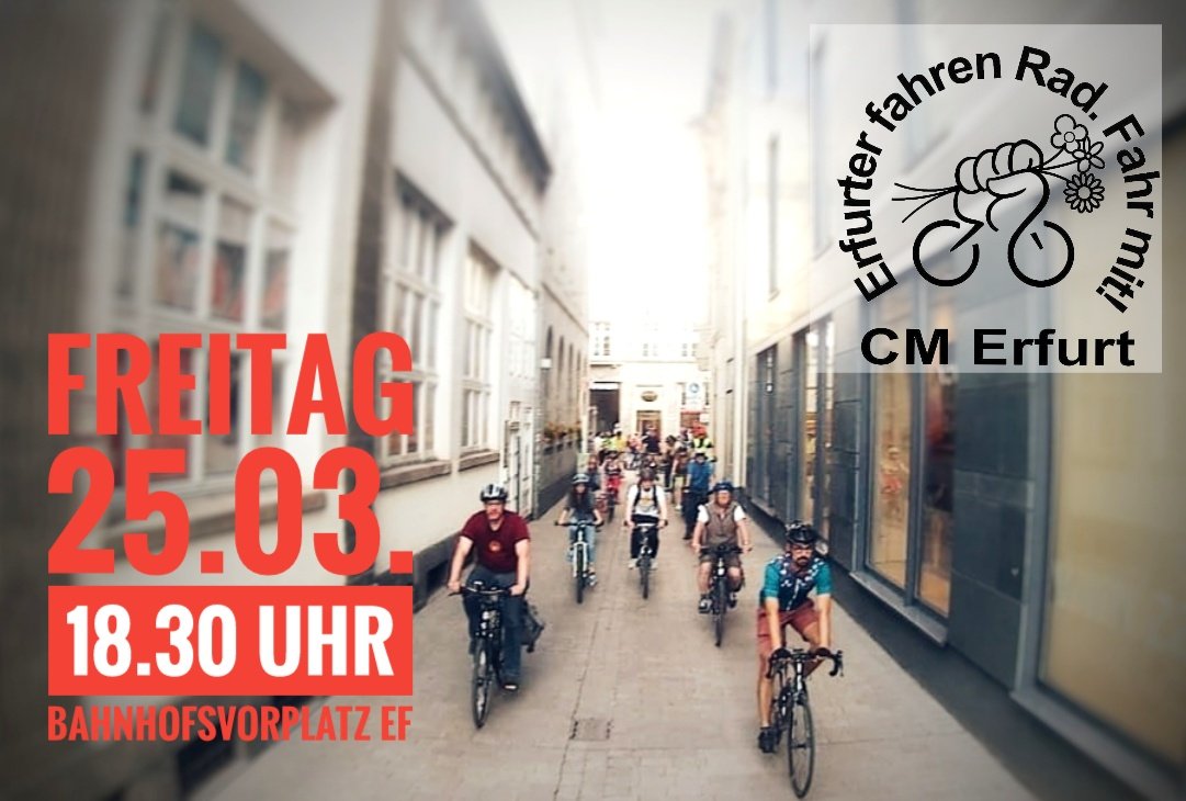 CMErfurt's tweet photo. Frühlingserwachen
Freitag 25.03.nach dem #Klimastreik 
18.30 Uhr Bahnhofsvorplatz Erfurt
#Verkehrswende #Klimakatastrophe #fahrradklima https://t.co/B6H8lQExBm