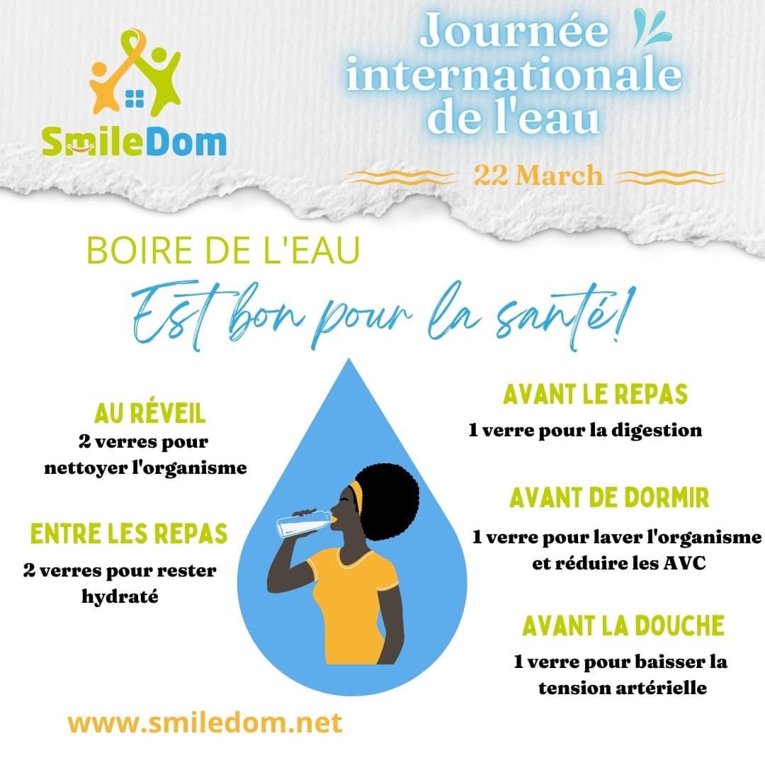 kenfack2_kelly's tweet photo. 22 mars, Journée Internationale de l'#eau 
#smiledom nous donne quelques recommandations sur comment et à quel moment boire de l'eau pour garder la #forme 👇🏽
Pour souscrire à un pack: https://t.co/BZuRjN0nv3
#journeeinternationaledeleau 
#jesmiledom 
#medecinepreventive 
#santé https://t.co/BxwEh7LN0o
