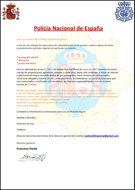 ⚠️#ALERTA❗Detectados emails fraudulentos suplantando a la policía con el objetivo de extorsionar para que contestes al mensaje recibido y continuar con el fraude. #NoPiques es  #extorsión, no existe ninguna investigación solo quieren generar preocupación.
osi.es/es/actualidad/…