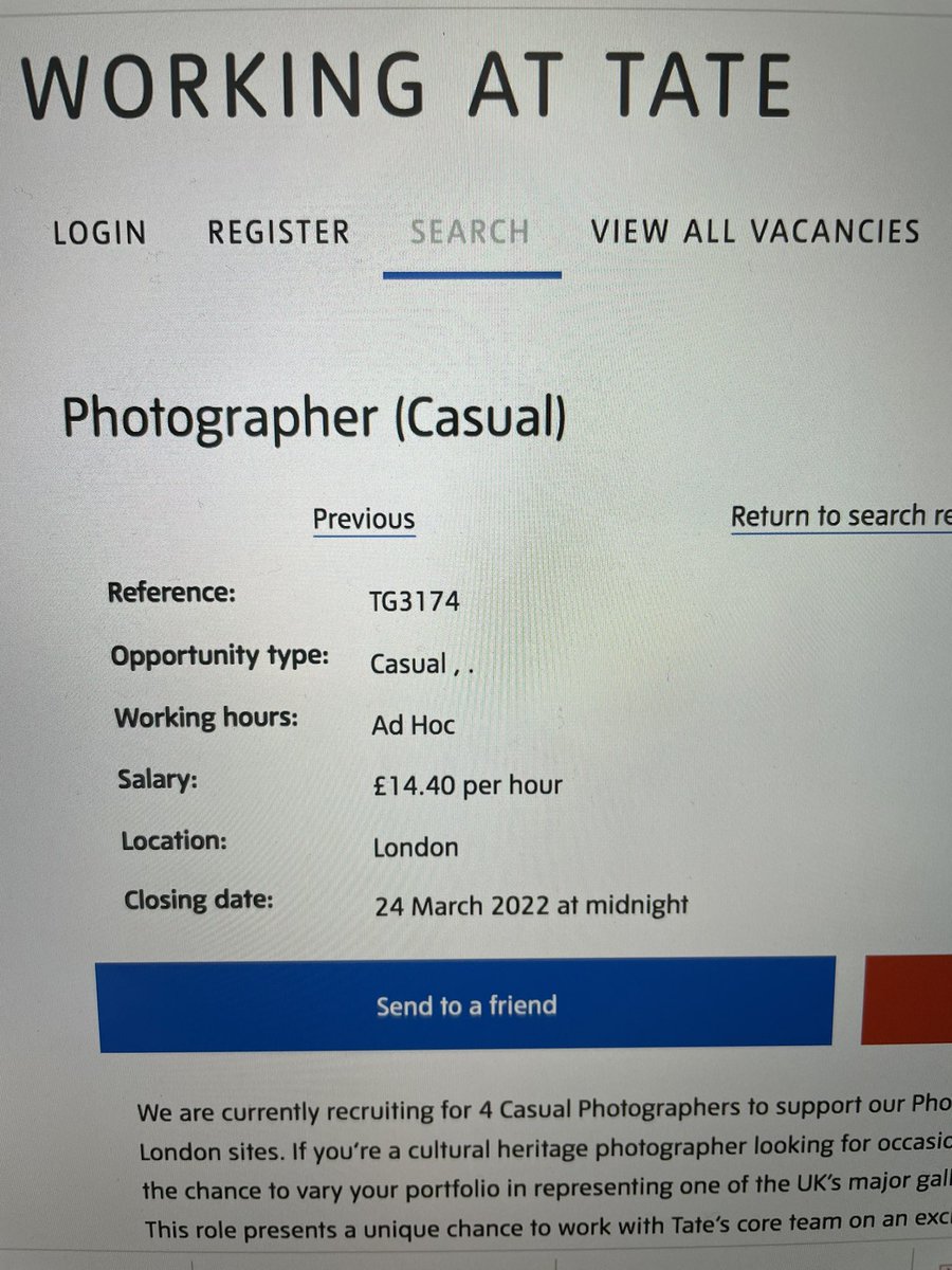 Disheartening to see a major arts institution <a href="/Tate/">Tate</a> advertising for photographers with 2yrs + professional experience at £14.10 per hour. This is only devaluing an industry that’s becoming increasingly unsustainable as a career choice.