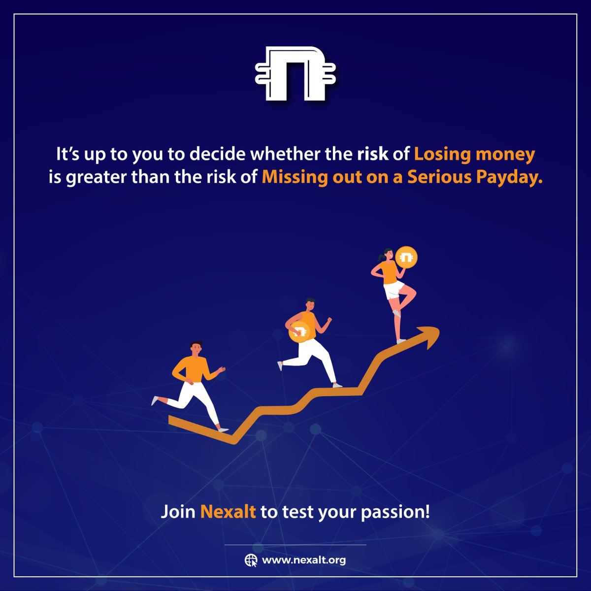 NexaltOfficial's tweet photo. Nexalt has lots of opportunities for crypto lovers. Only those can earn huge profits who think that risk of losing money is not greater than the ambition of earning huge profit. Boost up your crypto passion and get ready for reaping high profits. Join to secure your future! https://t.co/VVIu030kHf