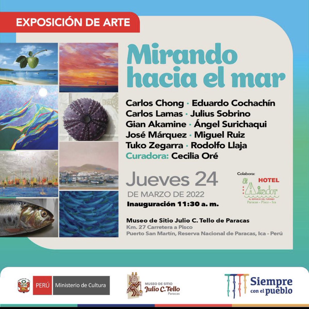 MParacas's tweet photo. EXPOSICIÓN TEMPORAL - “MIRANDO HACIA EL MAR”. 🌊🌊🌊

🔅Inauguración: 24 de marzo.
🔅Hora: 11:30 am.
🔅Lugar: Museo de Sitio Julio C. Tello de Paracas.

No se la pueden perder! 🗣🗣🗣

#museosenlínea
#MuseodeSitioJulioCTello
#ParacasEsParaTodos https://t.co/QTcws3MxDN