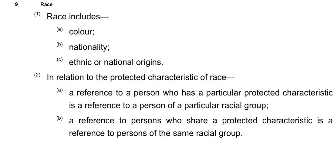 @youcaantkillme @jc_maximus @ElunedAnderson I agree in general terms this would be xenophobia, not racism - but legally, in the UK this would likely be racial discrimination (the Equality Act includes nationality/national origins as part of the protected characteristic of Race)