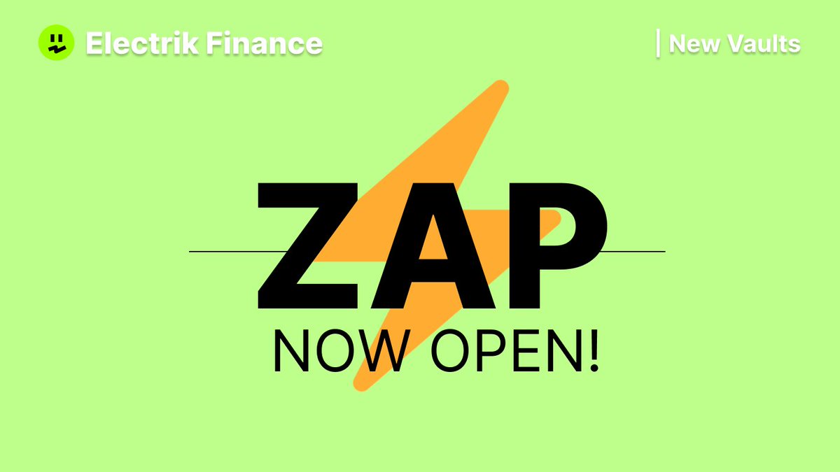 ⚡️[ZAP 업데이트]⚡️                 
  
🔥 ZAP 기능 추가
이제 단일 토큰으로 일렉트릭 파이낸스 볼트에 예치 가능 

ZAP = [토큰 스왑 -> 유동성 공급 -> electrik vault 예치]

ZAP 확인하러 가기: app.electrik.finance/vaults 

@klaytn_official <a href="/claimswap/">ClaimSwap</a> <a href="/attention_pala/">Pala l 팔라</a>