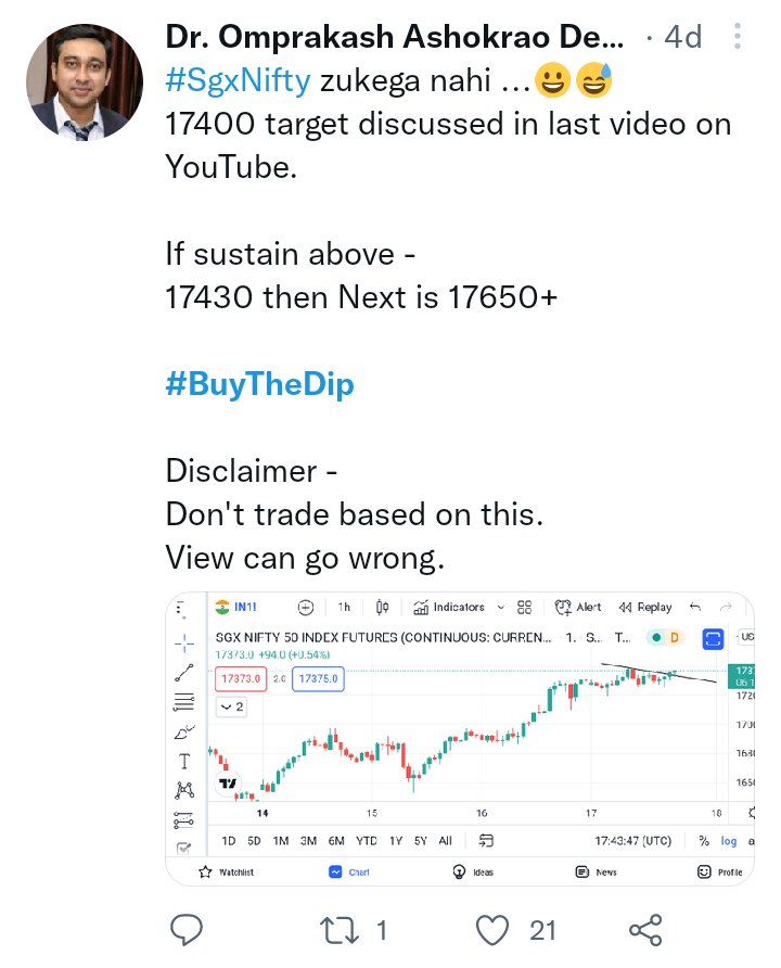 dromdeshmukh77's tweet photo. #Nifty bola tha #BuyTheDip😅
17k-16975 support to go long posted in morning in #technocapsules
SL was 16950.
Almost caught d bottom for the day 😅
View was bullish, so played only on CE side today.
3 trades all green. https://t.co/2rTQSEIZvI