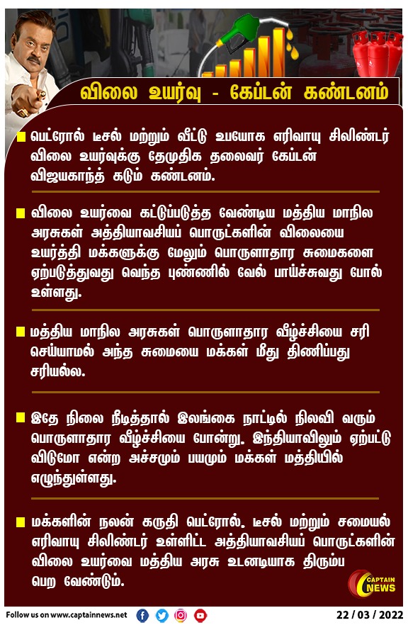 iVijayakant's tweet photo. மக்களின் நலன் கருதி பெட்ரோல், டீசல் மற்றும் சமையல் எரிவாயு சிலிண்டர் போன்ற அத்தியாவசியப் பொருட்களின் விலை உயர்வை மத்திய அரசு உடனடியாக திரும்ப பெற வேண்டும். இந்த விவகாரத்தில் மத்திய அரசுக்கு தமிழக அரசும் அழுத்தம் கொடுக்க வேண்டும் என கேட்டுக் கொள்கிறேன்.
#lpgpricehike https://t.co/Wl2JeRilh8