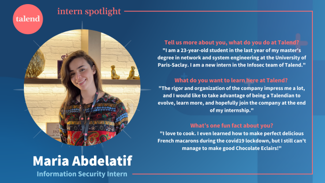 Intern Spotlight: Get to know more about Maria, our Information Security Intern in #France, who only started 1 month ago, but already hopes to join #TeamTalend at the end of her internship! For more about life at #Talend Go to talend.com/careers #wevaluepeople #WEAREHIRING